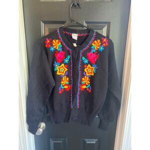 Vintage Parrinello Black Knit Cardigan Embroidered Floral Embellishment-Size L